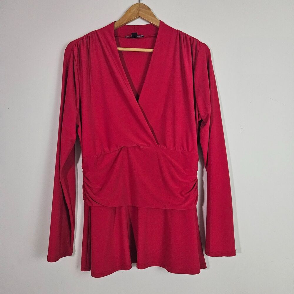 Boston Proper Women's Top Large Red Ruched Feminine Romantic Modest Business